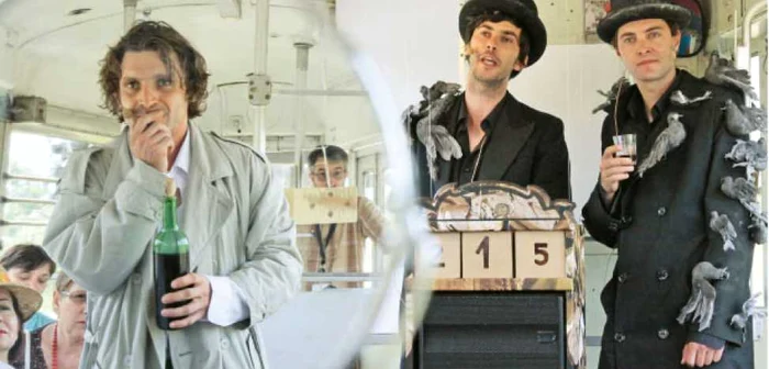 Marius Turdeanu (stânga) în spectacolul „Ispita Cioran“, din tramvaiul care leagă Sibiul de Răşinari