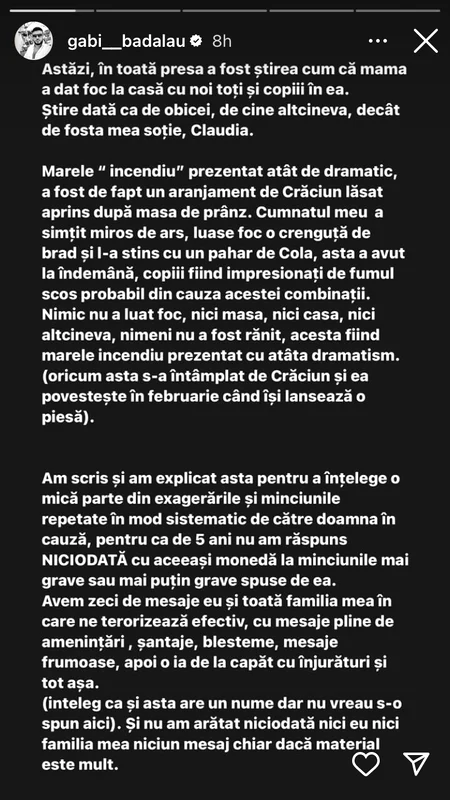 Gabi Bădălău, mesaje dure la adresa Claudiei Pătrășcanu sursa Instagram 