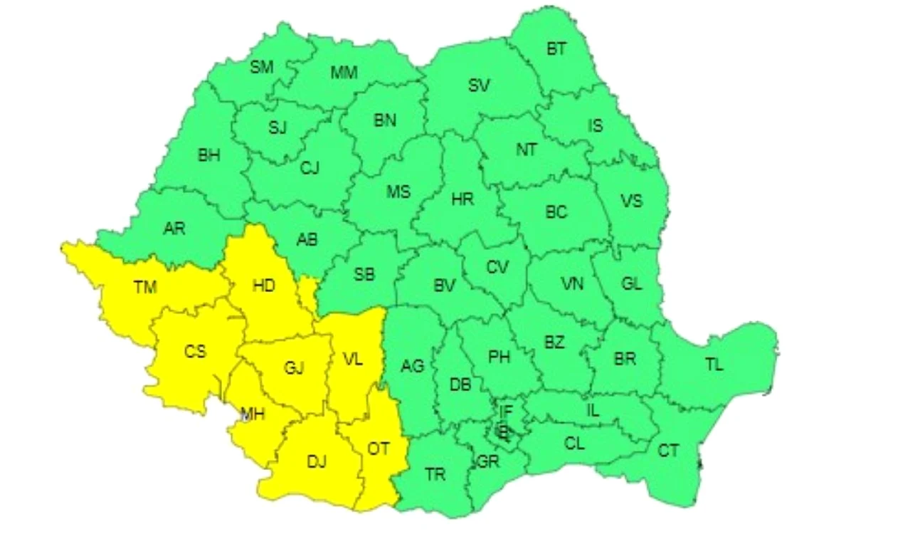 Județele afectate luni, 1 iulie, de codul galben de instabilitate atmosferică