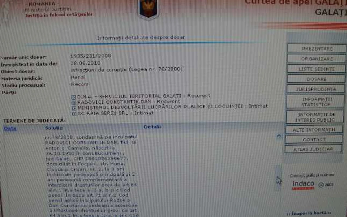 Sentinţa a fost publicată pe site-ul Curţii de Apel Galaţi