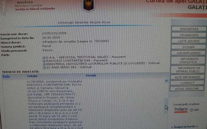 Sentinţa a fost publicată pe site-ul Curţii de Apel Galaţi
