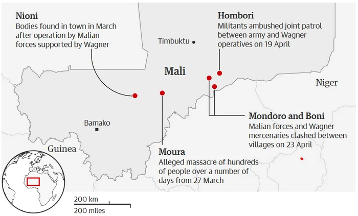 Harta locațiilor din Mali în care Grupul Wagner este asociat cu masacre în rândul civililor