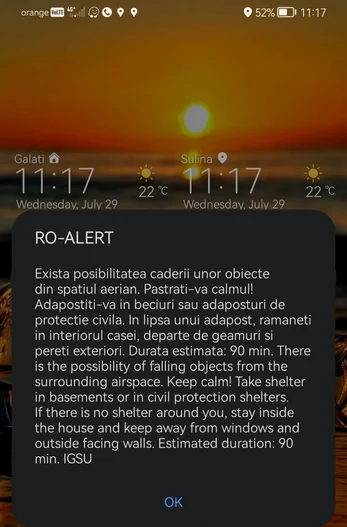 Mesajul RO-Alert primit de populație miercuri, 29 iulie. FOTO: captură ecran