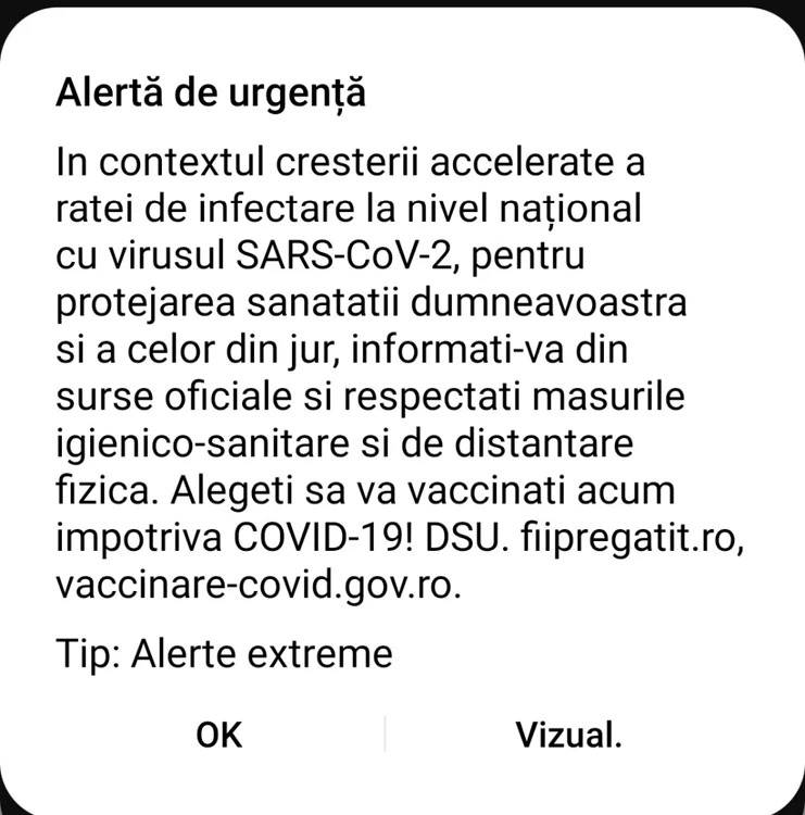 Așa a sunat mesajul Ro-Alert, privind instituirea stării de alertă