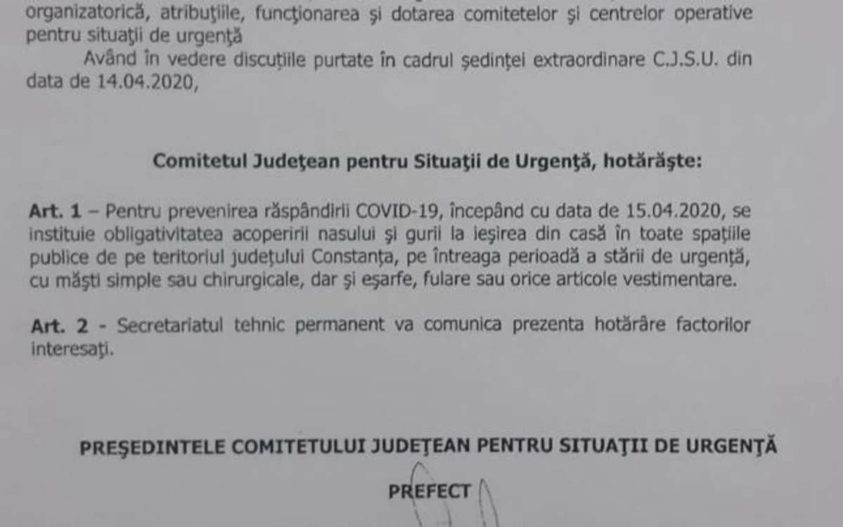 Decizie CJSU Constanta de purtare a mastilor