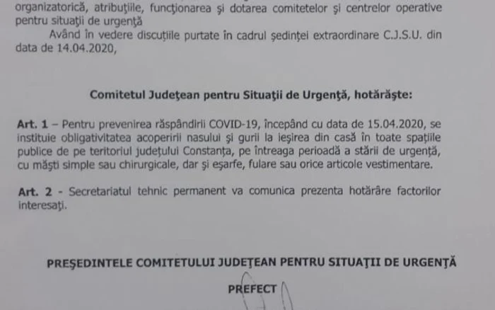 Decizie CJSU Constanta de purtare a mastilor