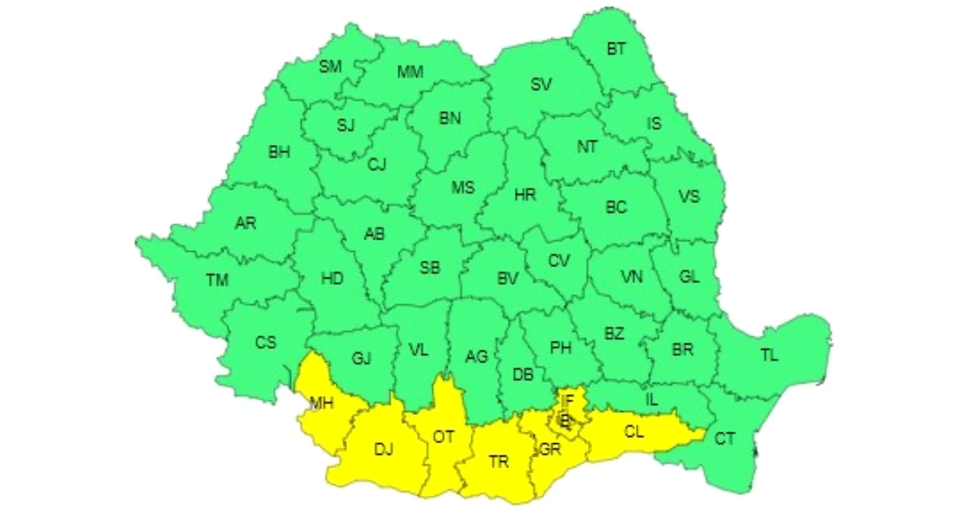 Harta cu județele aflate sub Codul galben de caniculă.