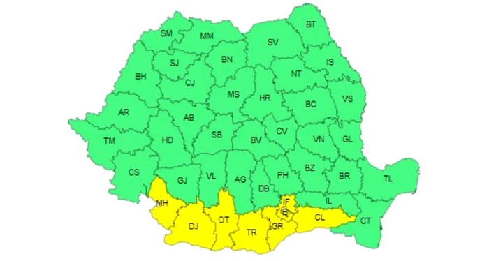 Harta cu județele aflate sub Codul galben de caniculă.