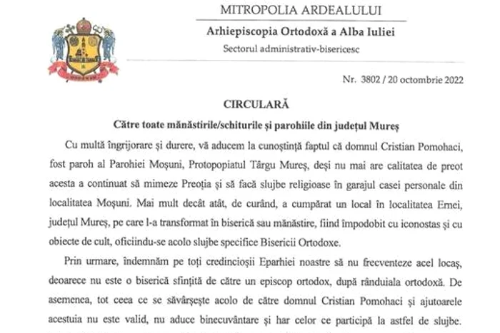 Circulara transmisă de Arhiepiscopia Ortodoxă de Alba Iulia