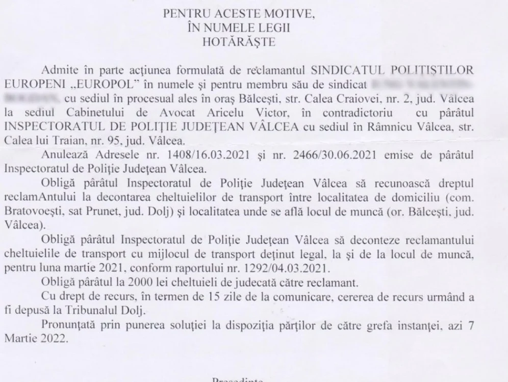 Senţinţa obţinută de un poliţist din Bălceşti în defavoarea sistemului şi a Poliţiei Judeţene Vâlcea Foto Europol