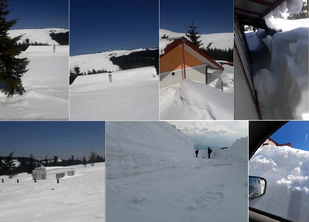 Cabane vehicule şi drumuri înghiţite de zăpadă în staţiunea montană Vârful lui Roman - Horezu din Vâlcea Foto colaj