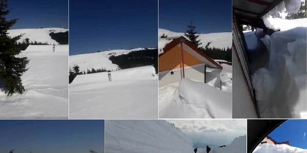 Cabane vehicule şi drumuri înghiţite de zăpadă în staţiunea montană Vârful lui Roman - Horezu din Vâlcea Foto colaj