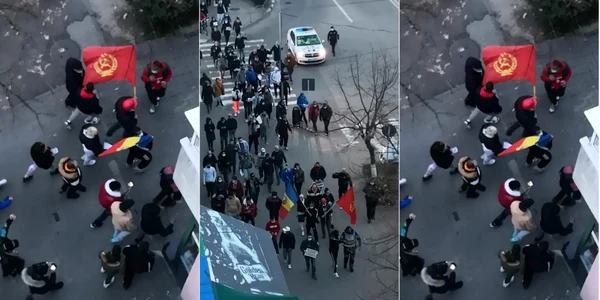 Protest anti - restricţii la Râmnicu Vâlcea arborând steaguri cu secera şi ciocanul şi cu stema României Foto colaj Kandy Reisenauer