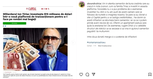 Alexandru Țiriac a reclamat escrocheria în care e folosit numele tatălui său