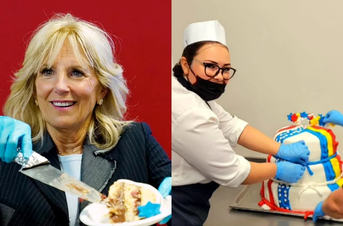Jill Biden prezentând o felie de tort. Ramona Husman, pregătind tortul pentru Prima Doamnă