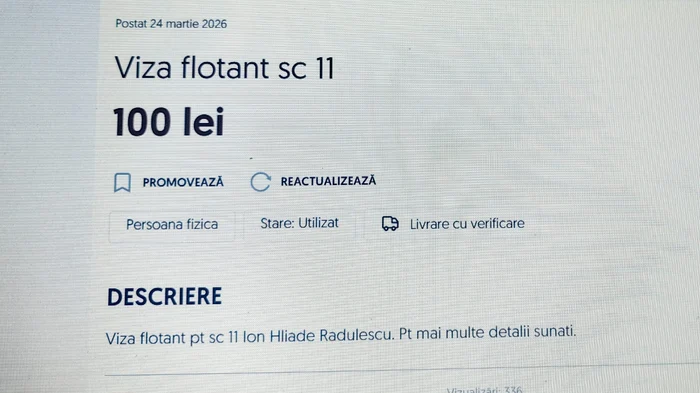 Anunț de vânzare pentru viza de flotant, postat odată cu începerea înscrierilor la școală Sursa: Olx