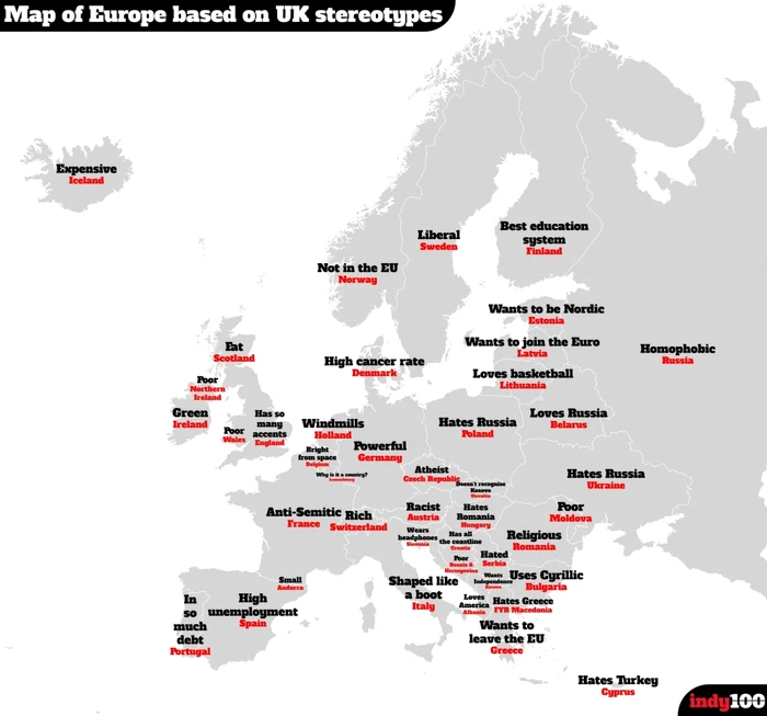 Jurnaliştii publicaţiei „The Independent” au realizat o hartă a stereotipurilor pe baza căutărilor din versiunea britanică a motorului de cautare Google. FOTO The Independent