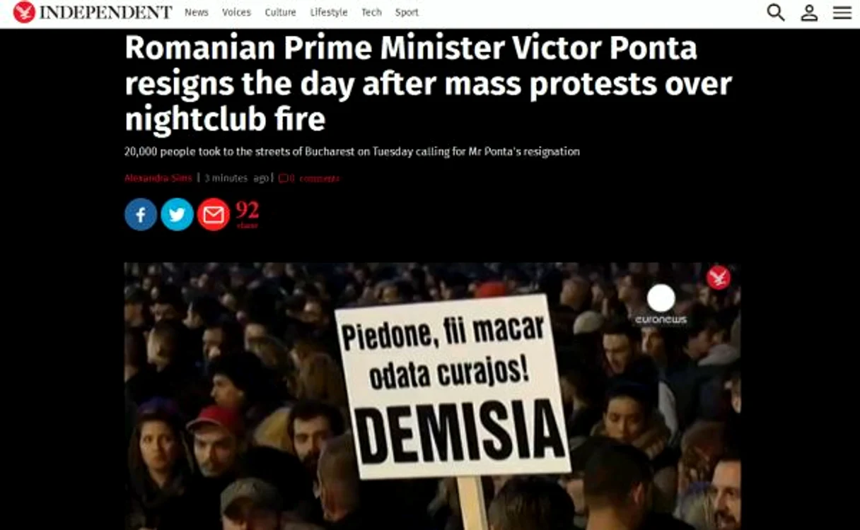 The Independent a precizat că motivul demisionării lui Ponta a fost protestul masiv din Bucureşti