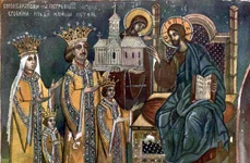 Petru Rareș și soția sa, Elena, în tabloul votiv de la mănăstirea Moldovița (© Wikimedia Commons)