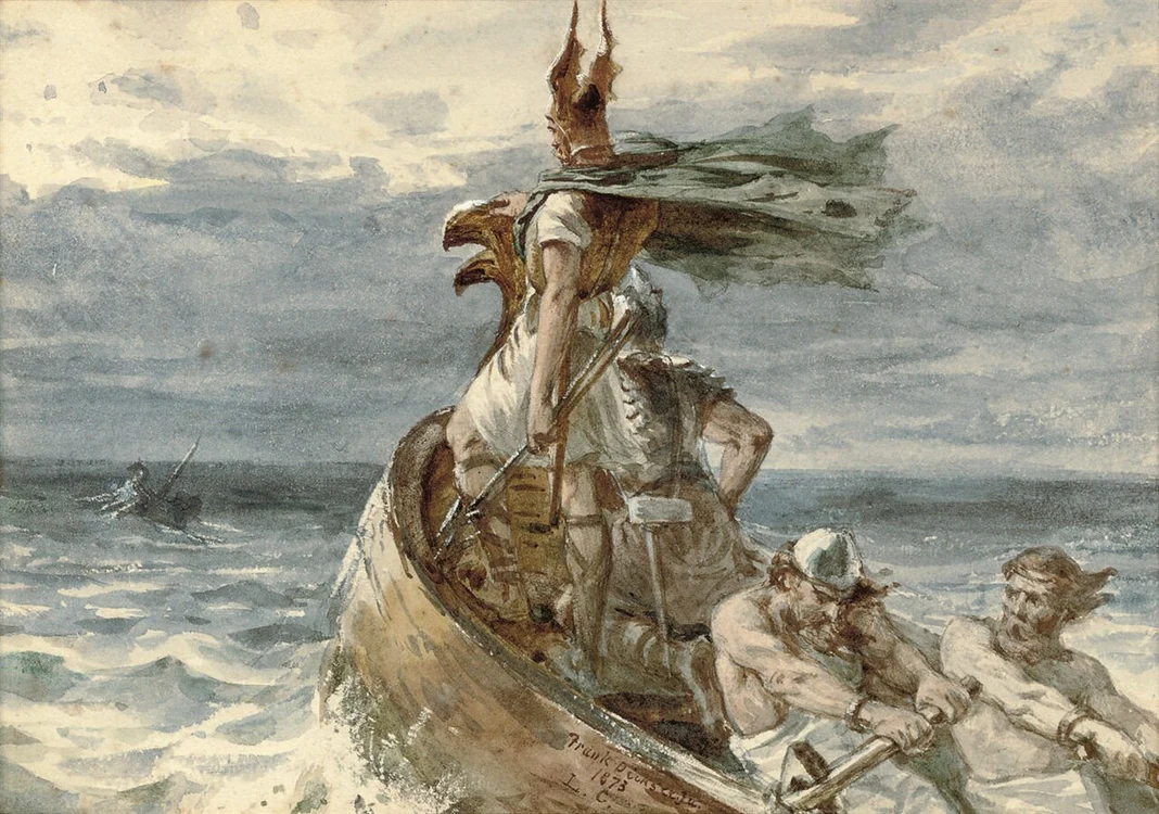 Vikingi căutând noi pământuri. Pictură din 1873, de Frank Dicksee (© Wikimedia Commons)