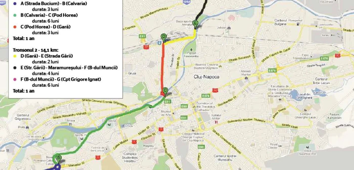 În total vor fi reabilitate şinele pe o lungime de 25,8 km, atât cât măsoară distanţa dintre capătul Mănăşturului până la capătul Bulevardului Muncii
