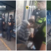 Bărbat cu un cuțit, imobilizat de polițiști într-o stație de autobuz din Sectorul 4 FOTO: captură video Poliția Română