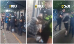 Bărbat cu un cuțit, imobilizat de polițiști într-o stație de autobuz din Sectorul 4 FOTO: captură video Poliția Română