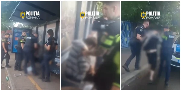 Bărbat cu un cuțit, imobilizat de polițiști într-o stație de autobuz din Sectorul 4 FOTO: captură video Poliția Română