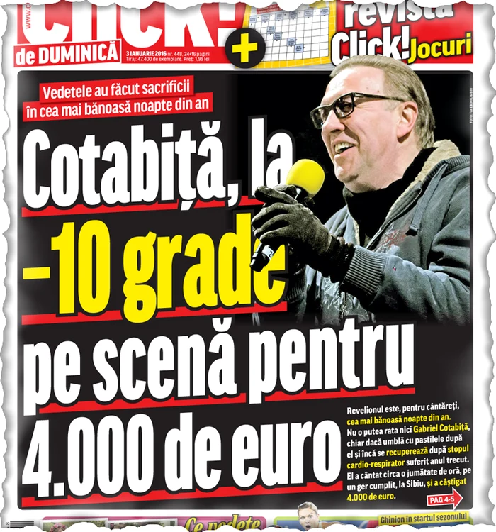 Pe 31 decembrie, Gabriel  Cotabiţă a cântat pentru sibieni   în frig de crăpau şi pietrele,  punându-şi sănătatea în pericol
