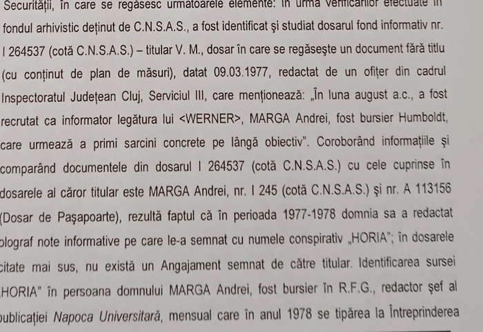 Adeverința CNSAS, în care se arată că Marga a semnat note informative. FOTO: Mădălin Hodor