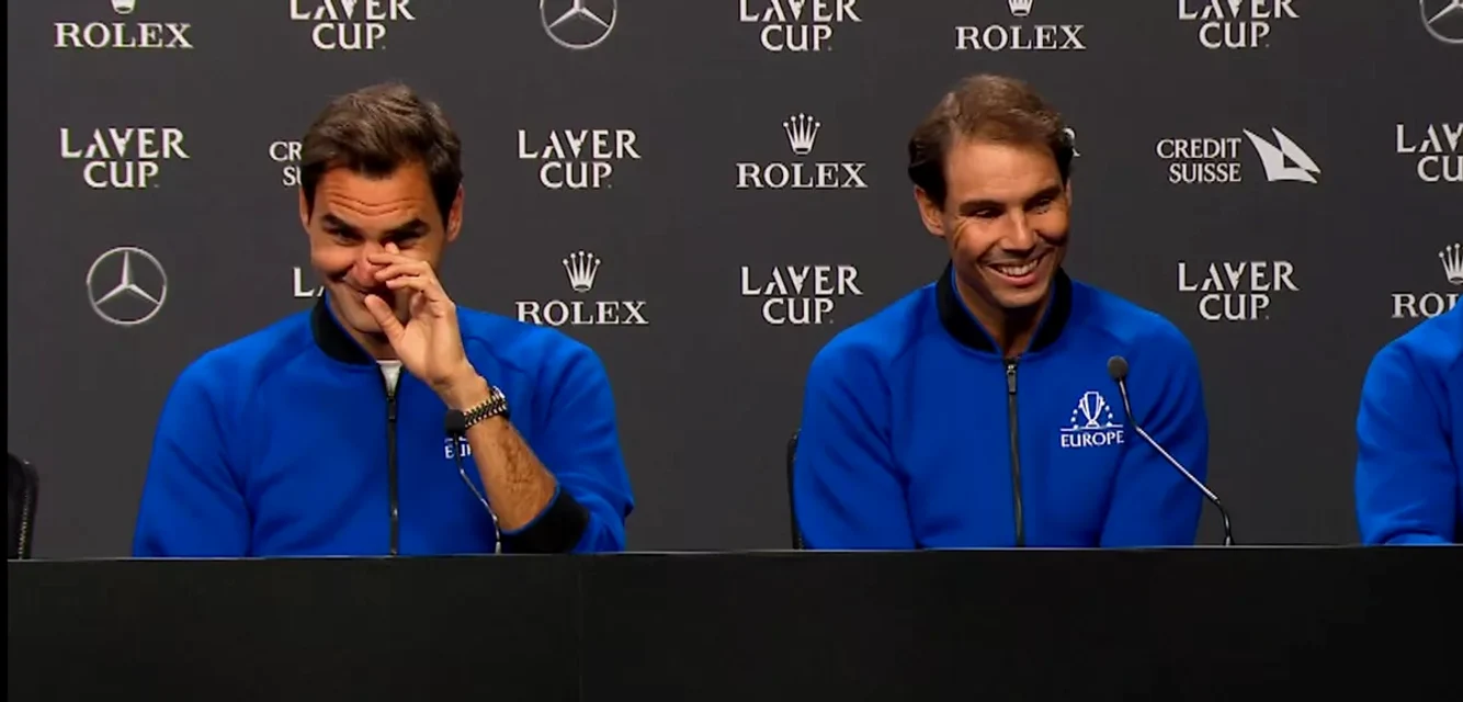 Federer a ascultat cu ochii în lacrimi discursul lui Nadal. Foto Laver Cup 