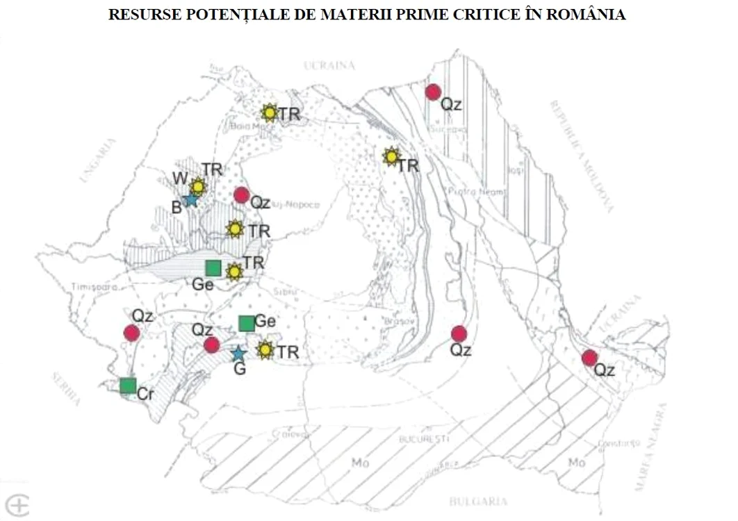 Harta resurselor potențiale de materii critice în România. Sursa: Ministerul Economiei.