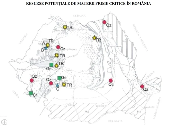 Harta resurselor potențiale de materii critice în România. Sursa: Ministerul Economiei.