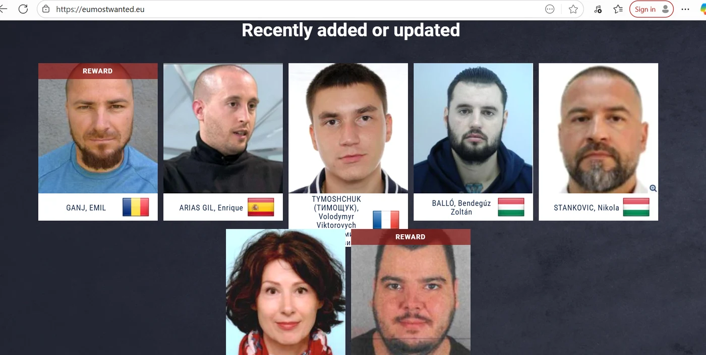 Captură foto lista celor mai căutați criminali. FOTO: Europol