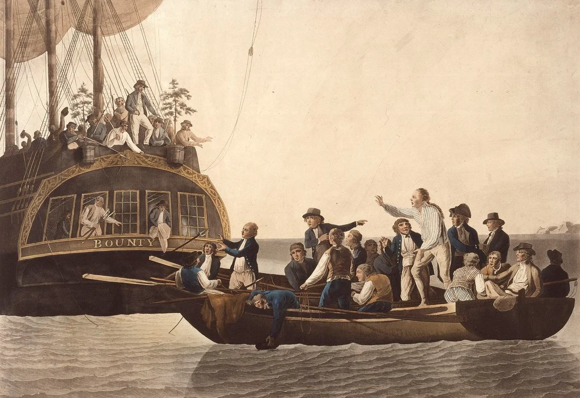 William Bligh și alți 18 marinari, lăsați în derivă de Fletcher Christian și de răzvrătiții de pe Bounty. Acvatintă din 1790 de Robert Dodd