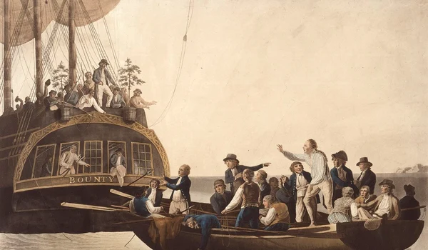 William Bligh și alți 18 marinari, lăsați în derivă de Fletcher Christian și de răzvrătiții de pe Bounty. Acvatintă din 1790 de Robert Dodd