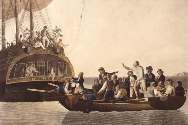 William Bligh și alți 18 marinari, lăsați în derivă de Fletcher Christian și de răzvrătiții de pe Bounty. Acvatintă din 1790 de Robert Dodd