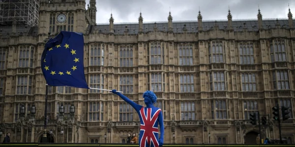 Un protestatar anti Brexit demonstrează în faţa Parlamentului din Londra. FOTO Guliver/Gettyimages