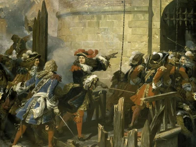 Muschetari în timpul cuceririi orașului Valenciennes din 17 martie 1677. Pictură de Jean Alaux (© Wikimedia Commons)