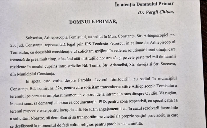 Solicitarea înaintată de IPS Teodosie (www.constanta.info)