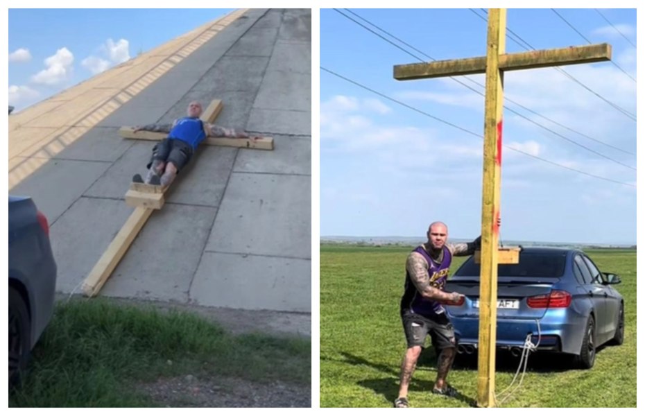 S-a filmat răstignit pe cruce, tras de BMW. După momentul viral a ajuns în șanț: „Vreți să vedeți prostie”