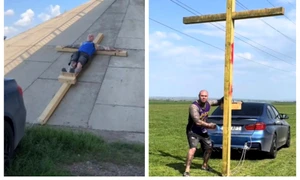 Un ieșean s-a filmat răstignit pe cruce, tras de o mașină