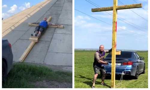 Un ieșean s-a filmat răstignit pe cruce, tras de o mașină