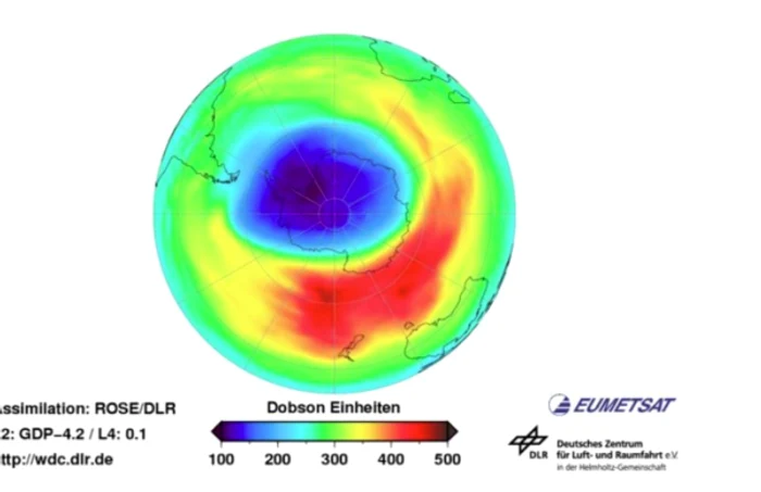 Distributia densitatilor stratului de ozon in atmosfera emisferei sudice a Pamantului