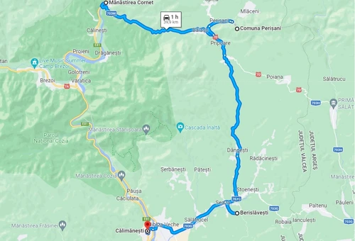 Traseul din DN7 prin Ţara Loviştei - Vâlcea care ocoleşte Valea Oltului - Transperişani până în Călimăneşti Foto Google Maps