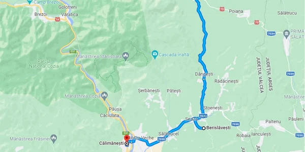 Traseul din DN7 prin Ţara Loviştei - Vâlcea care ocoleşte Valea Oltului - Transperişani până în Călimăneşti Foto Google Maps