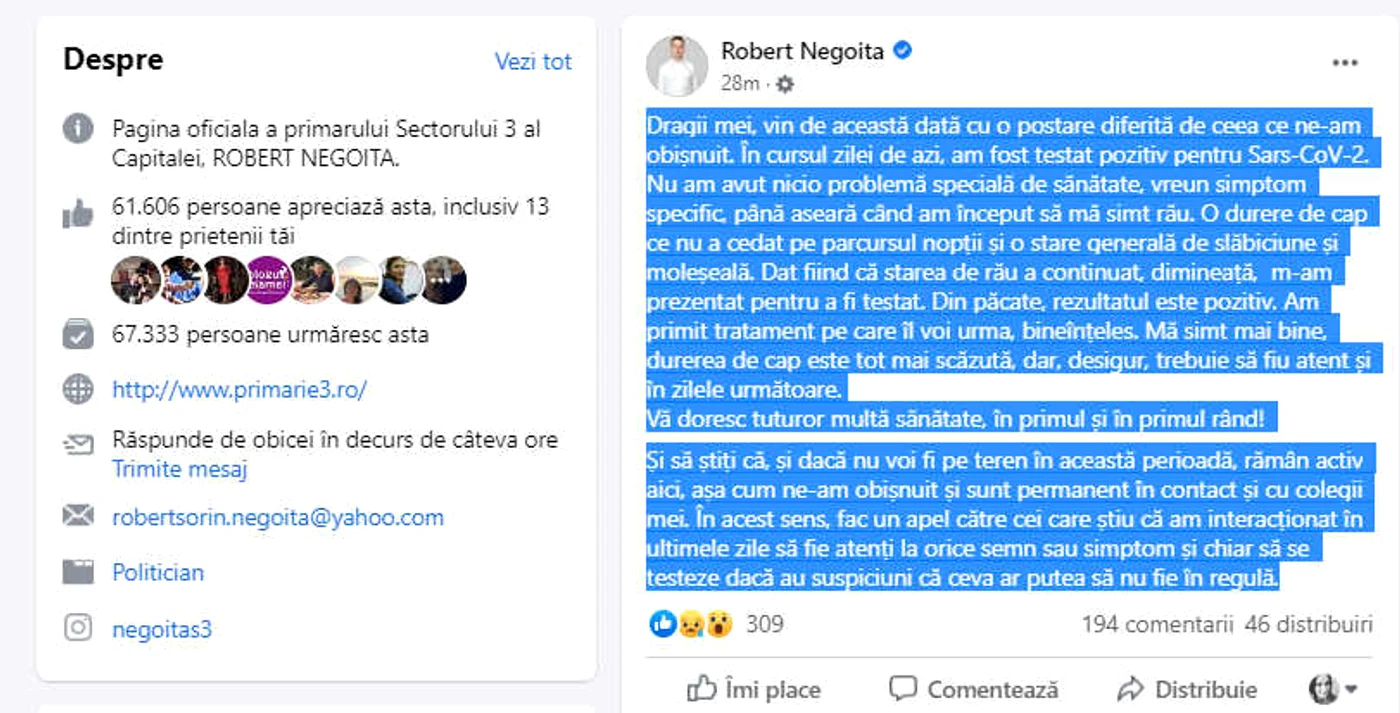 Primarul sectorului 3 al Capitalei a făcut anunțul pe pagina sa de Facebook