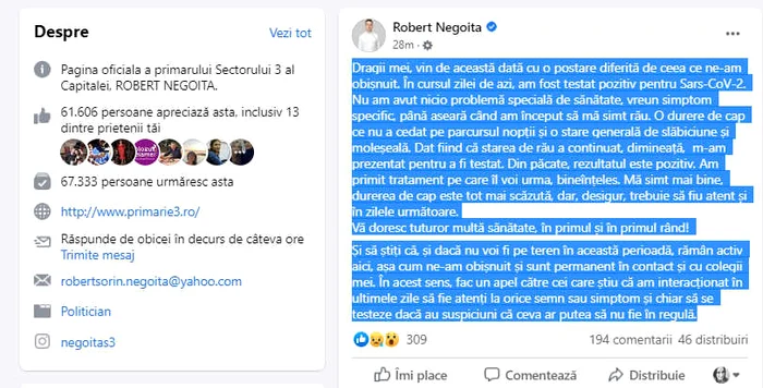 Primarul sectorului 3 al Capitalei a făcut anunțul pe pagina sa de Facebook