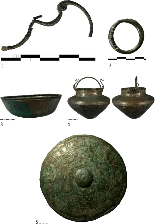 Inventarul obiectelor metalice din mormântul numărul 16 de la Bisenzio: 1. fibulă; 2. inel; 3. lighean; 4. vas cu toartă; 5. scut (© Museo Nazionale Etrusco di Villa Giulia / Bisenzio Project, A. Babbi, B. Babbi)