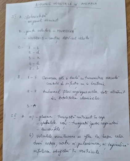 Rezolvare subiect Biologie vegetală și animală, pag. 1 din 4